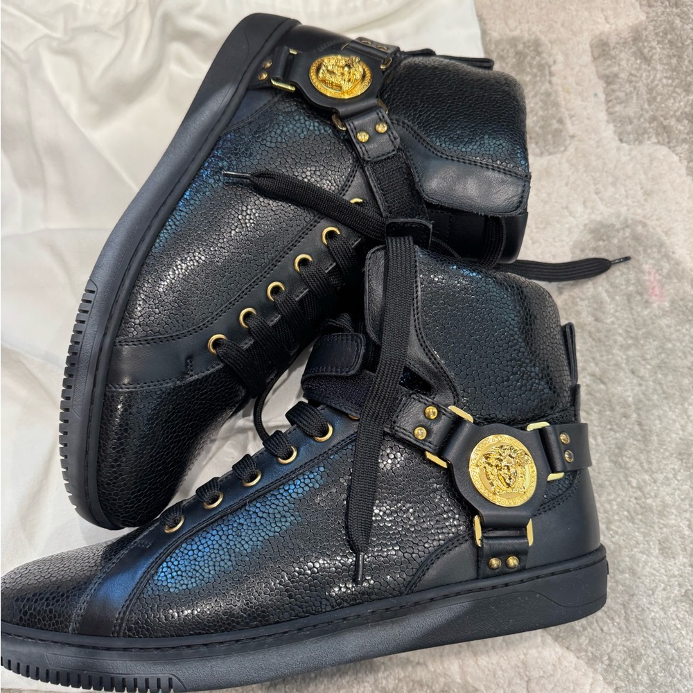 Versace Black and Gold High-Top Sneakers with Gold Hardware